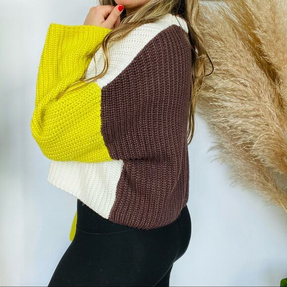 DOLLS KILL BLUE BLUSH White Brown Yellow Colorblock Chunky Knit Cozy Sweater S - Picture 3 of 11